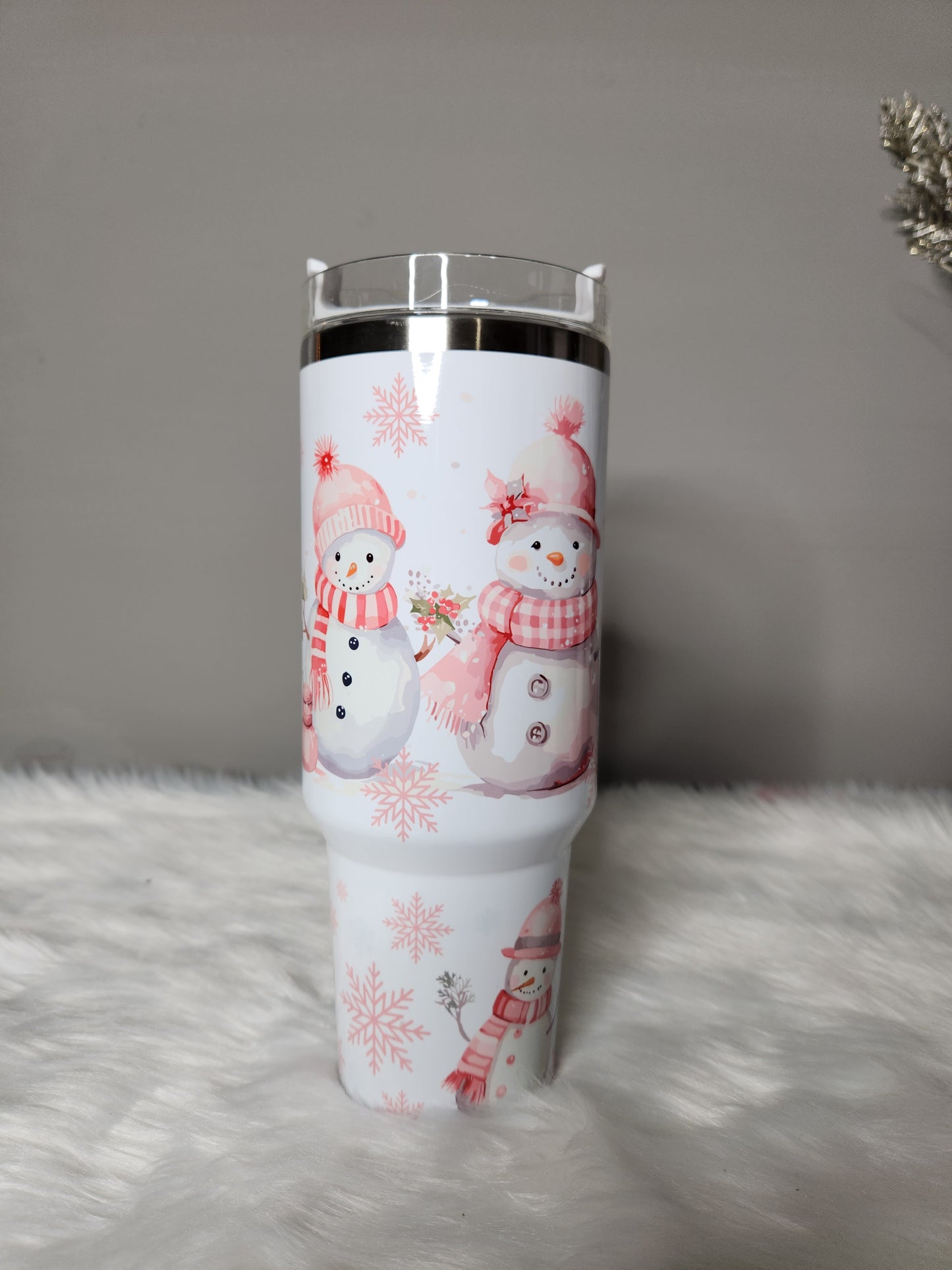 40 oz dupe pink snowmen tumbler