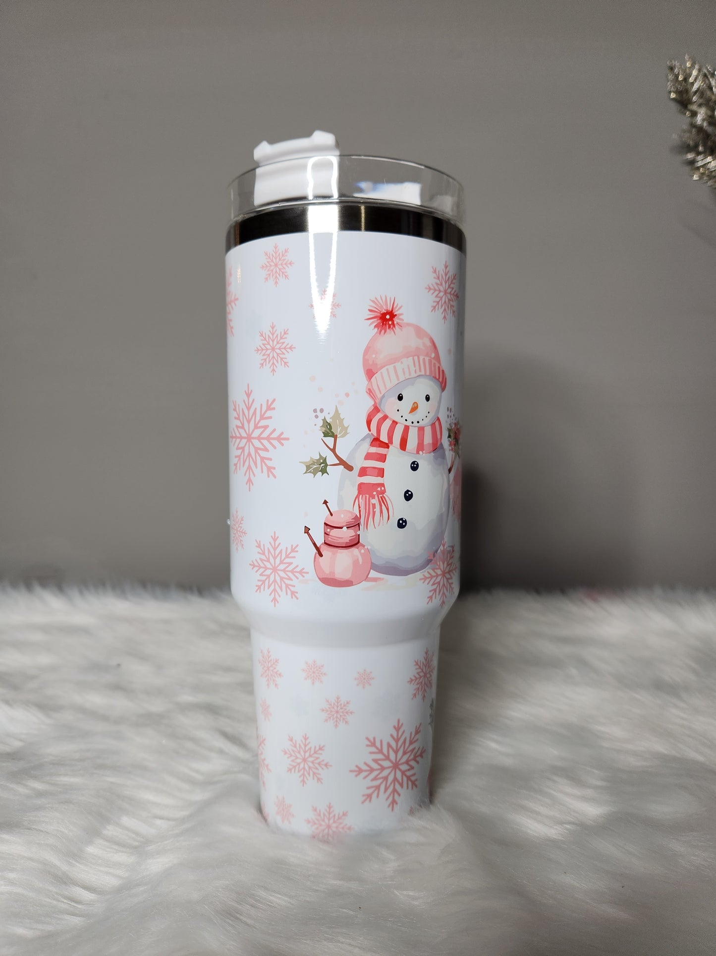 40 oz dupe pink snowmen tumbler